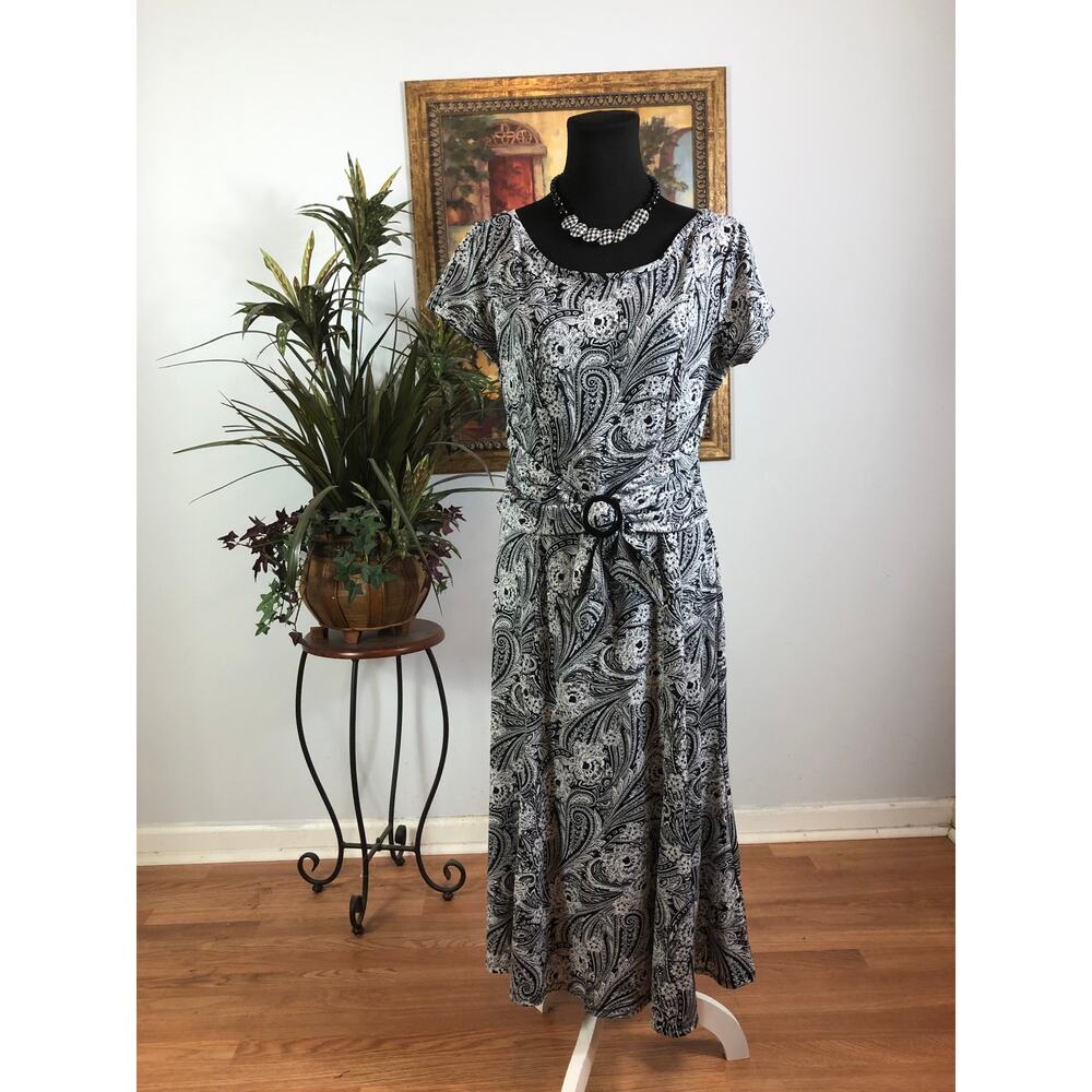 Perceptions‎ Dress Women's Medium Black White Paisley Belted Midi Boho Career